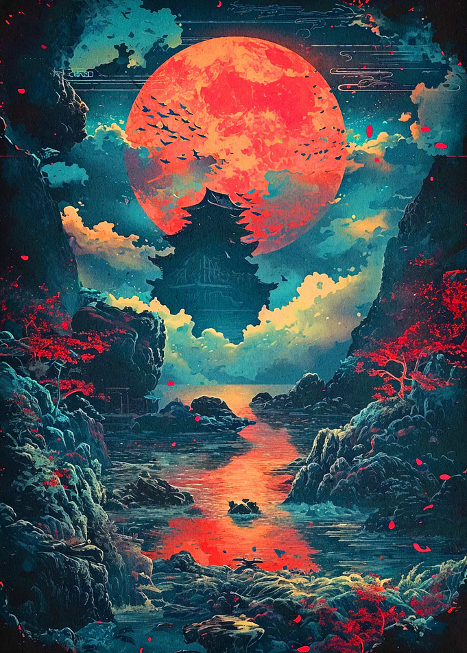 japan moon red landscape