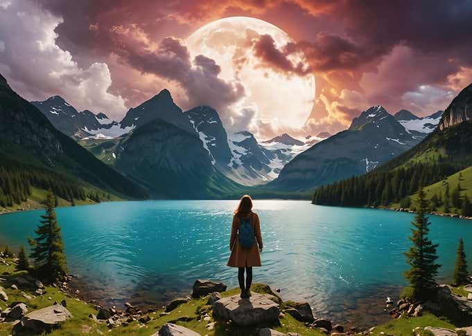 Girl and mountain lake