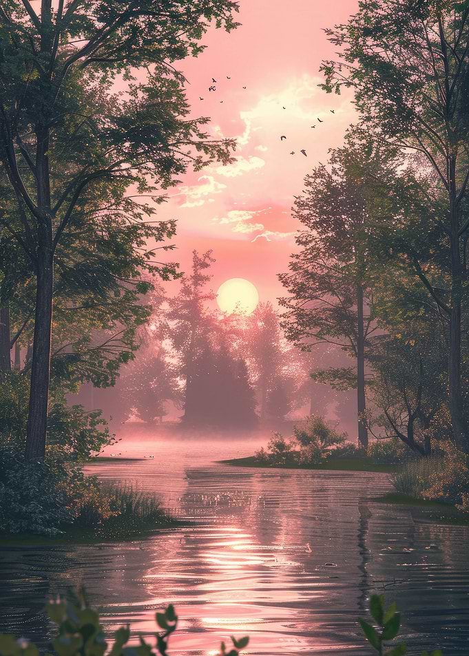 Pink Sunset Over The River