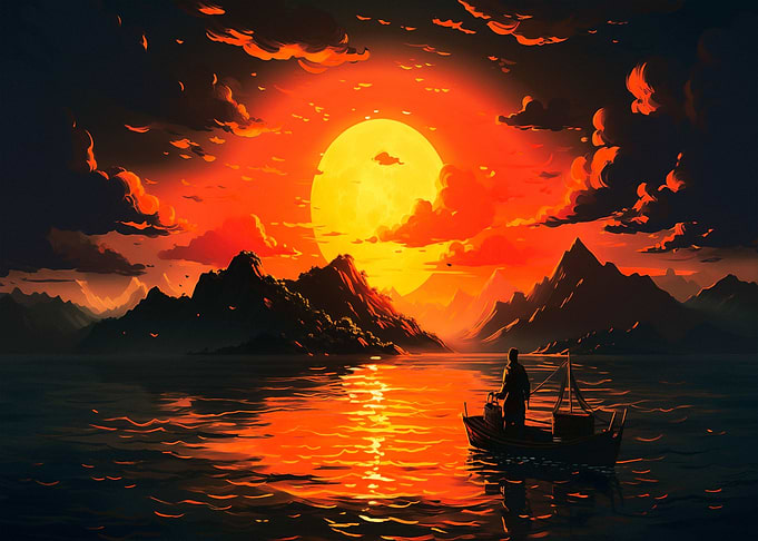 Man Floating Boat Art