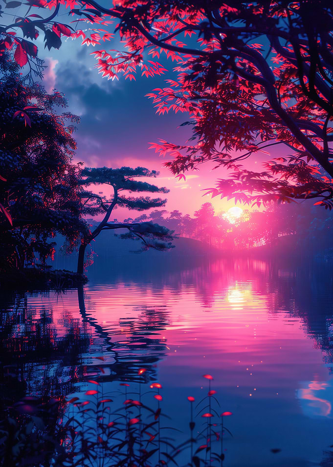 Japanese Neon Lake Scene
