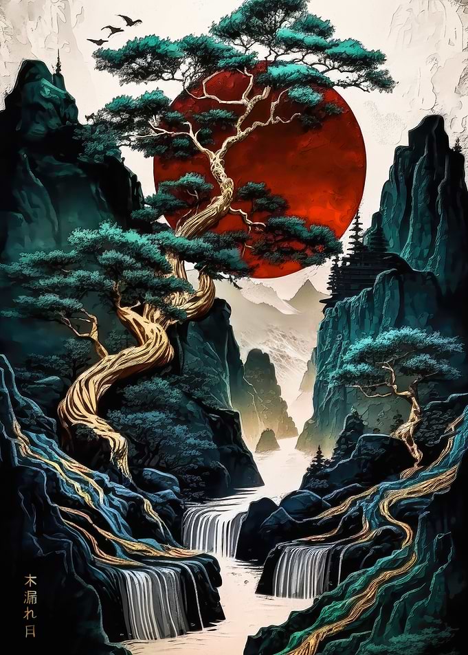 Japan landscape red moon