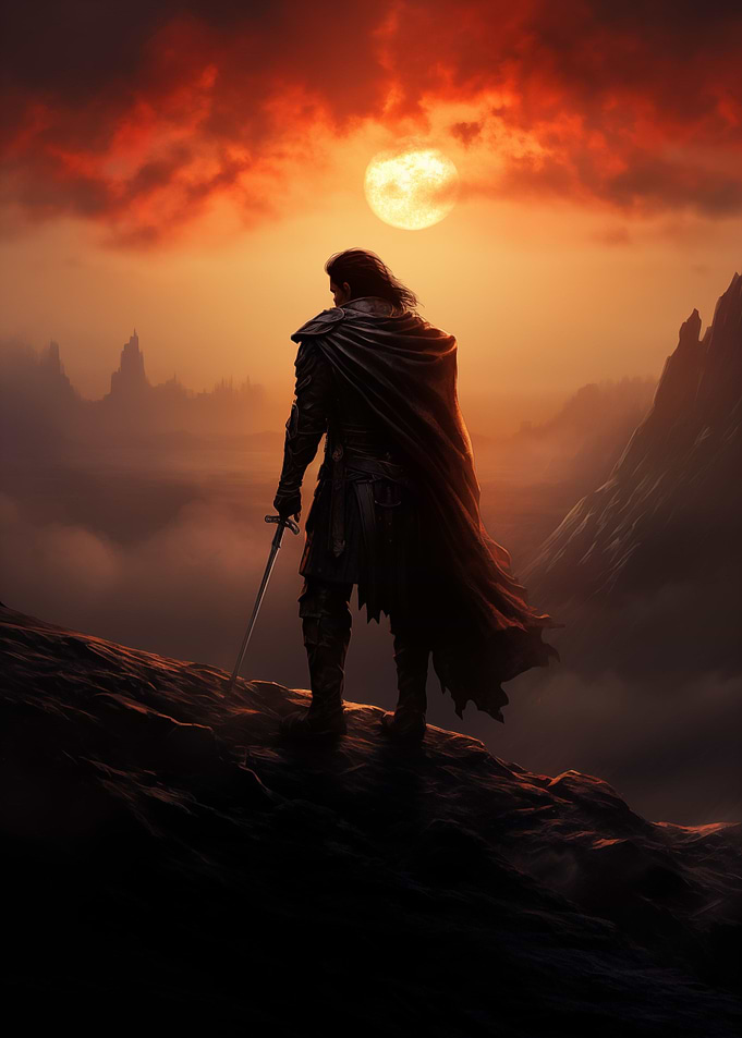 Alone warrior in sunset
