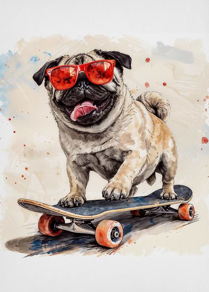 pug dog skateboarding