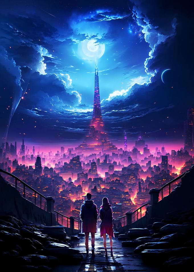 Vibrant City Moon Night