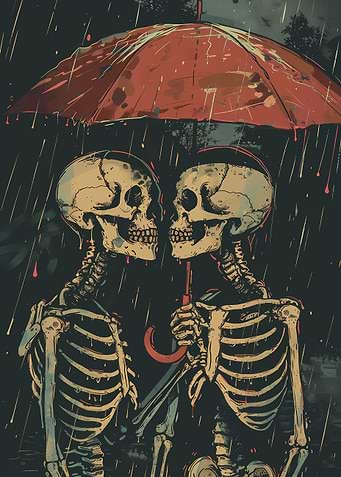 Skeletons sharing umbrella