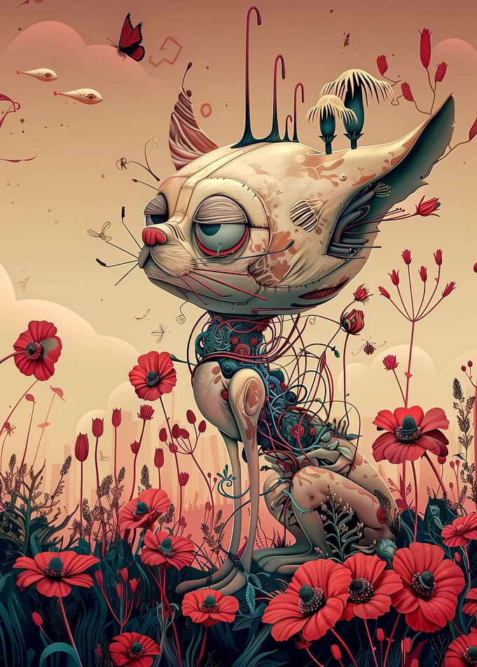 Robot cat in blooms