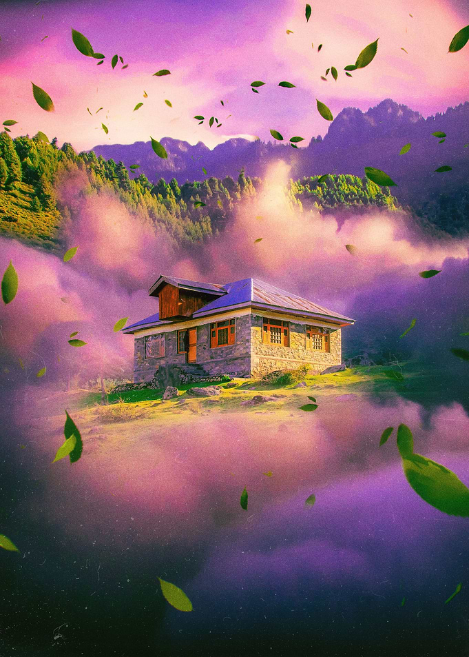 Cloudy cabin landscape