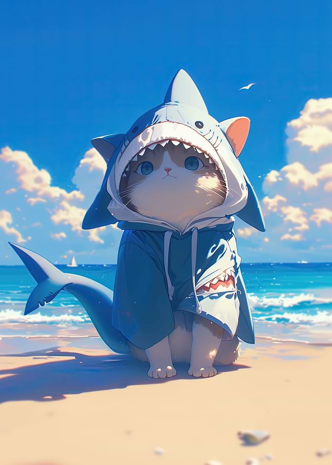 Cute Anime Shark Cat Beach
