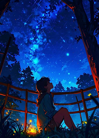 a boy at night