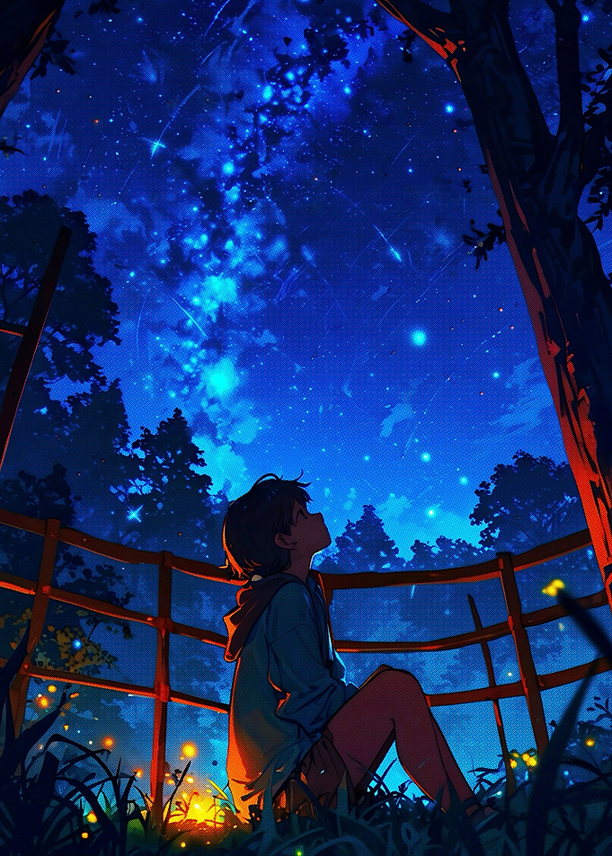 a boy at night
