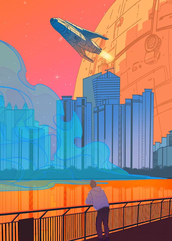 The spaceship takes off