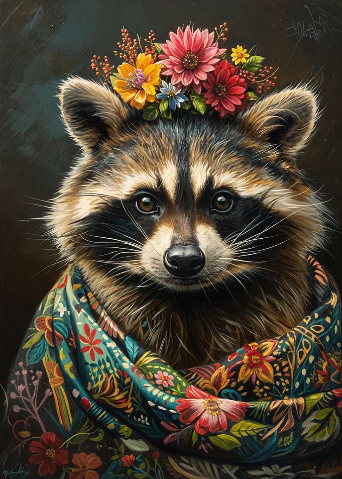 Raccoon with Flowers