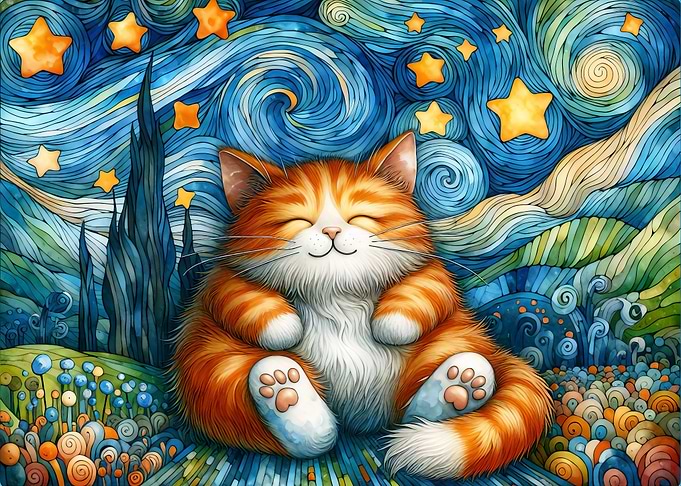 Whimsical Starry Night Cat