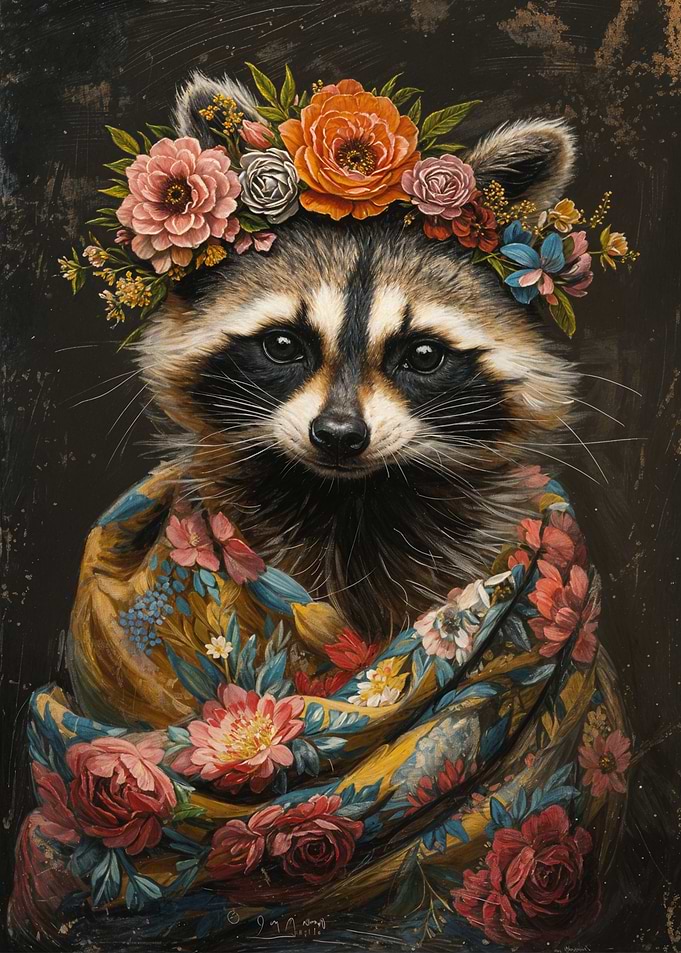Raccoon with Flowers