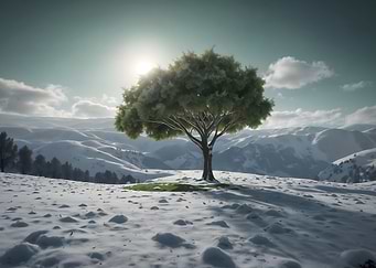 Snow and green tree