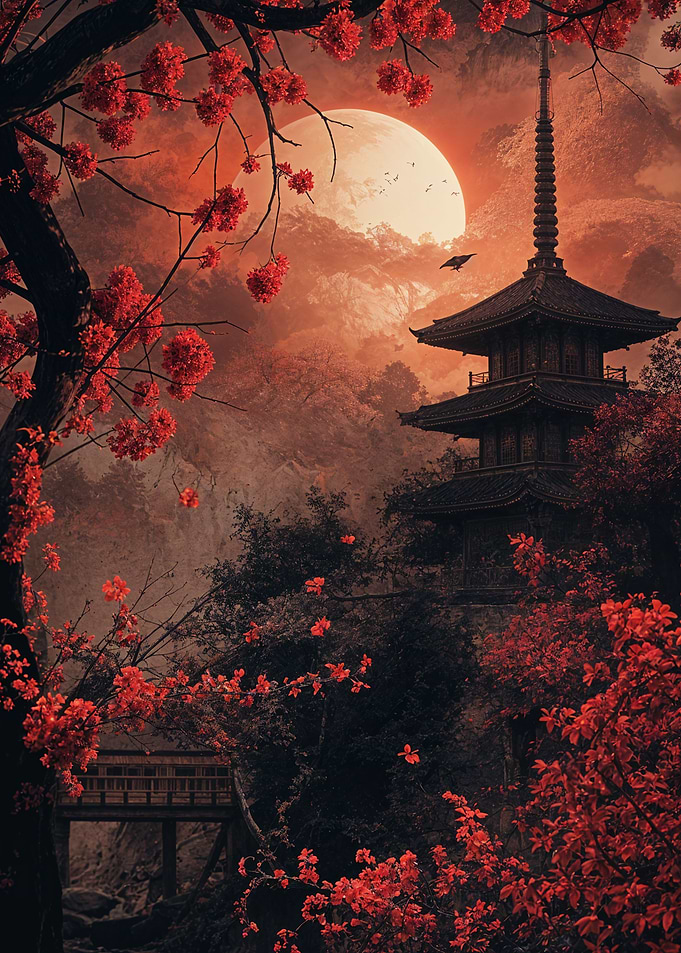 Crimson Moon Over Sakura