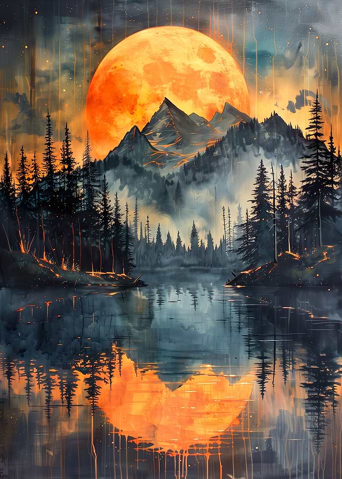 Orange sun misty mountains