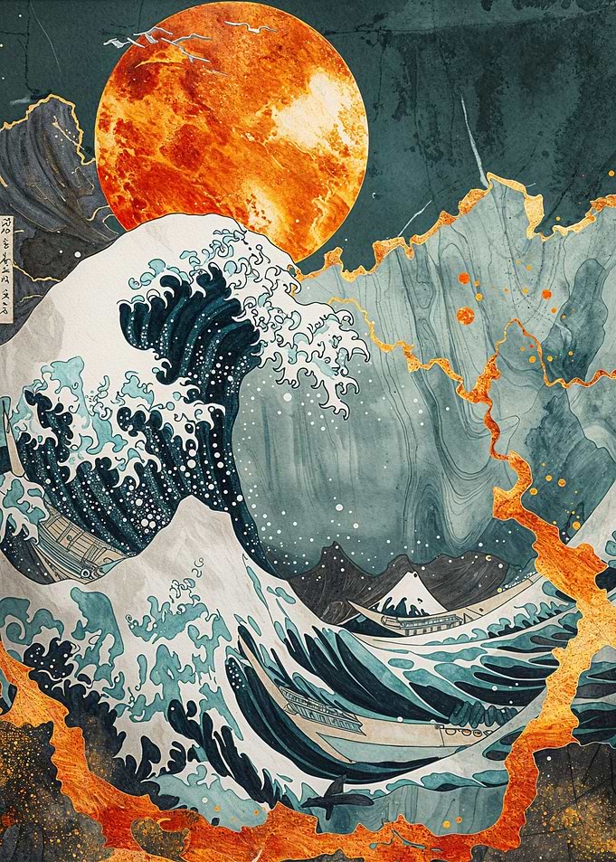 Golden Great Wave at Night