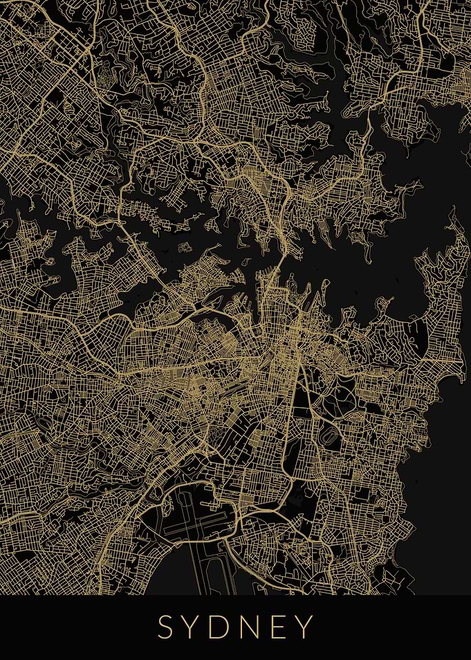 Sydney Map Black Gold