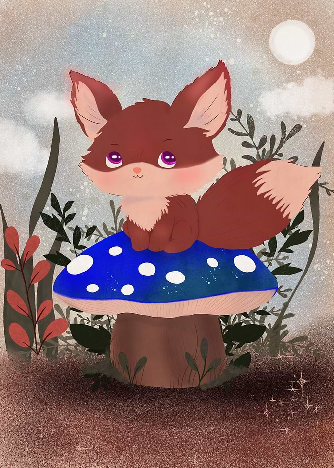 Fox on a Blue Mushroom