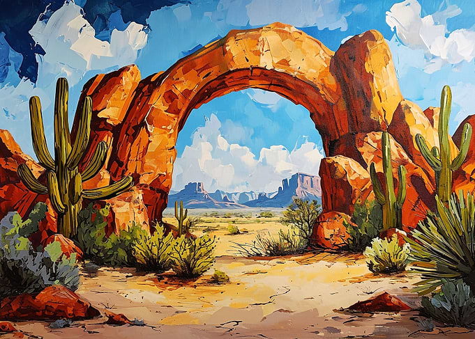 Desert oasis with a stone