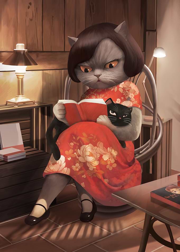 Cat reading a book