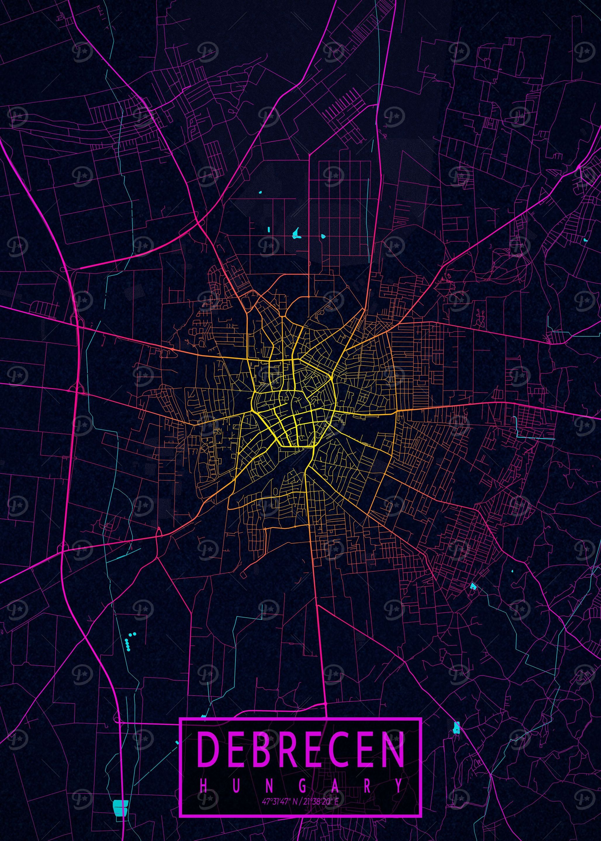 Debrecen City Map Neon