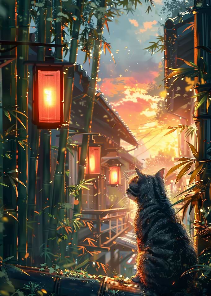 Cute Cat Scenery at Sunset