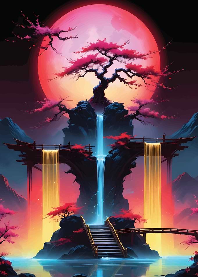 red moon Sakura Tree