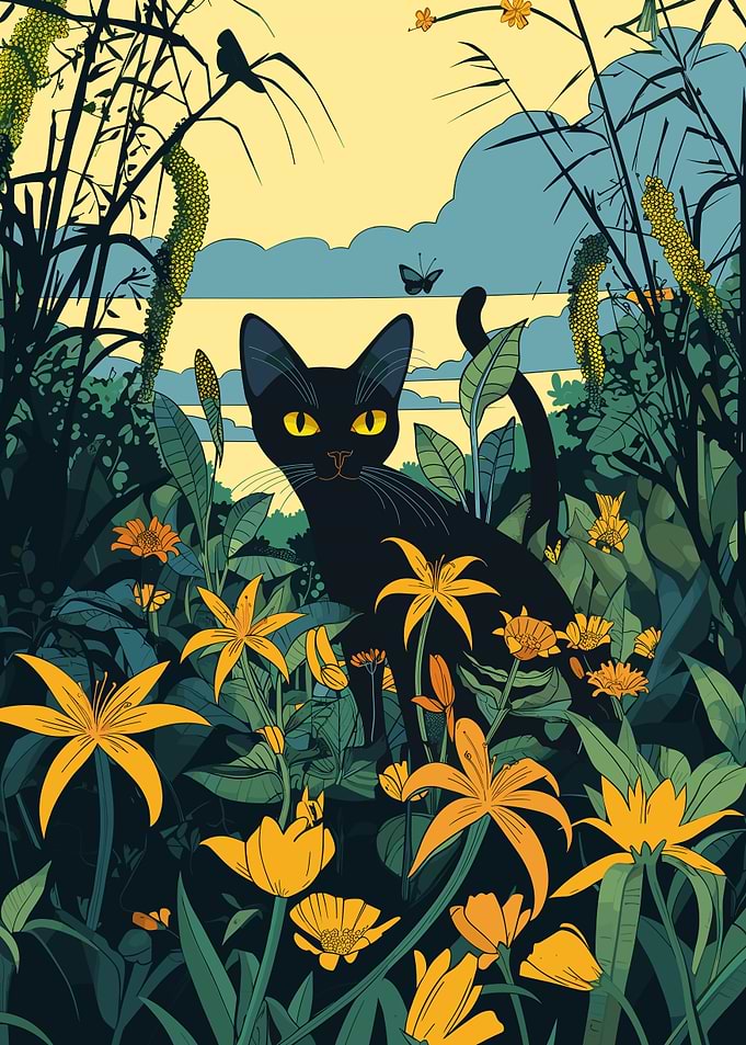 Vintage Cat With Lilies