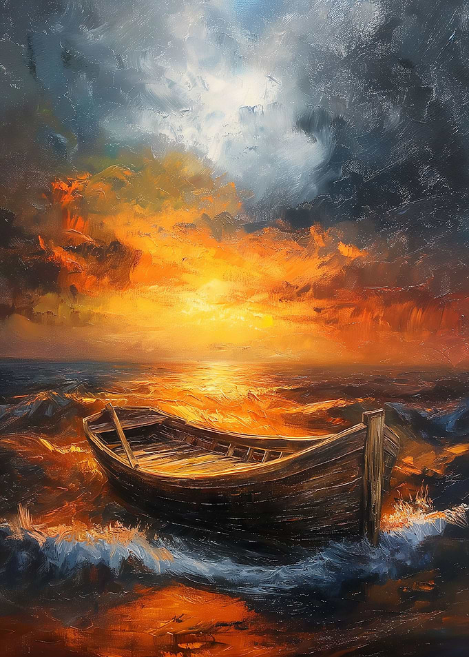 Sunset Waves Boat Sea