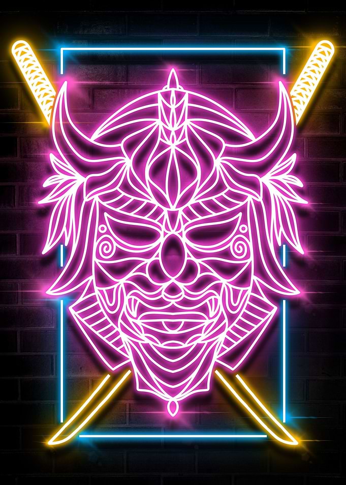 HEAD MASK SAMURAI NEON ART