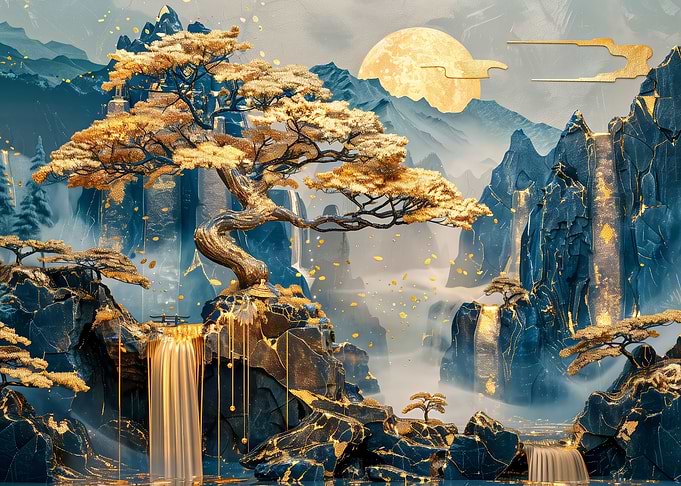 Golden Bonsai Falls Art