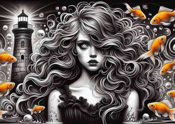 Mermaid and Goldfish Art