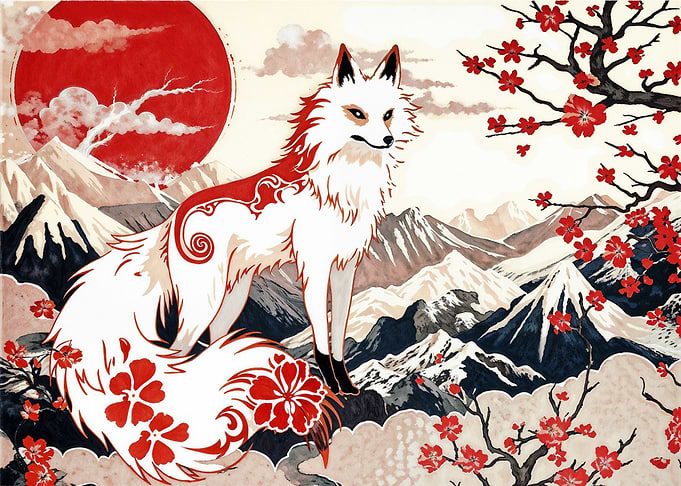 white fox with red nine ta