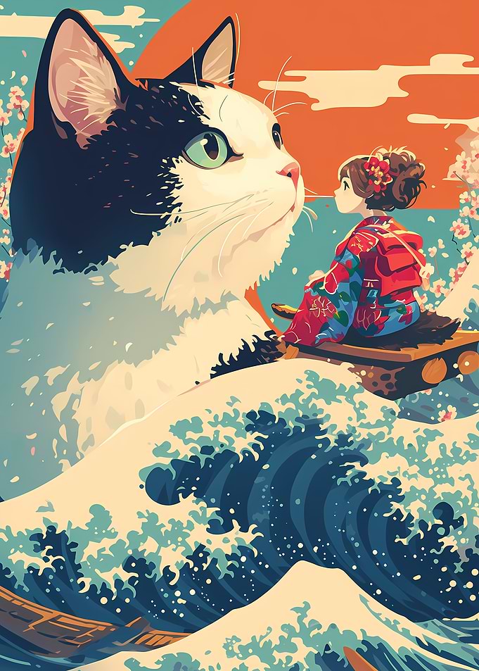 Anime Girl And The Sea Cat