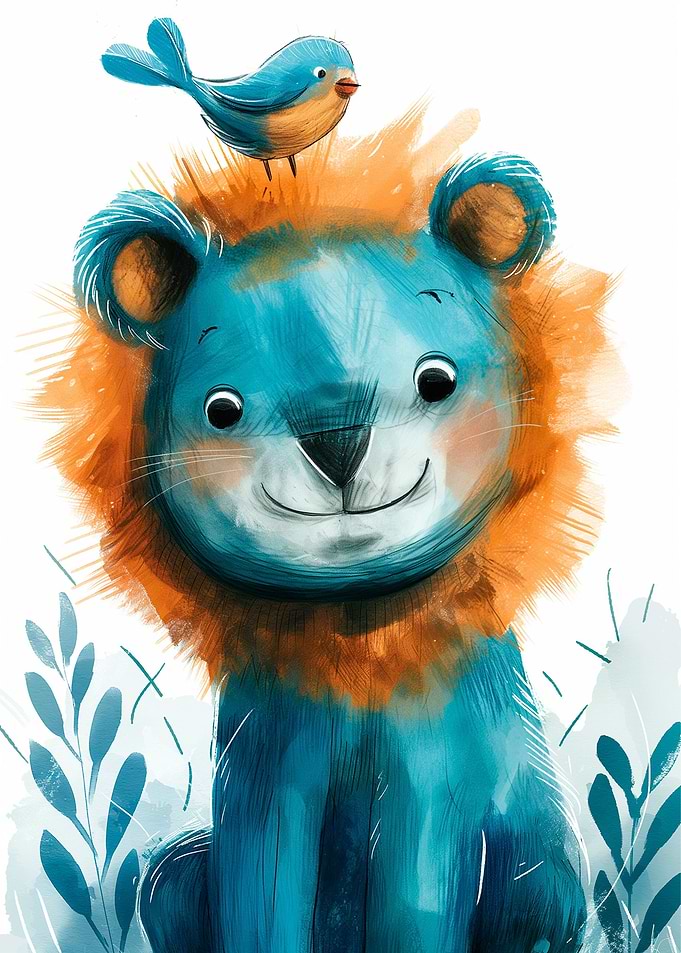 Joyful Lion with a bird