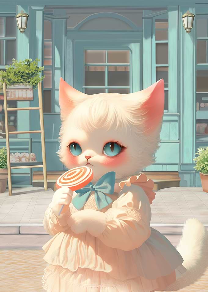 White cat in dress holding