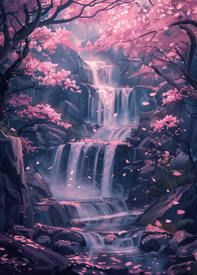 Sakura Trees and Waterfall