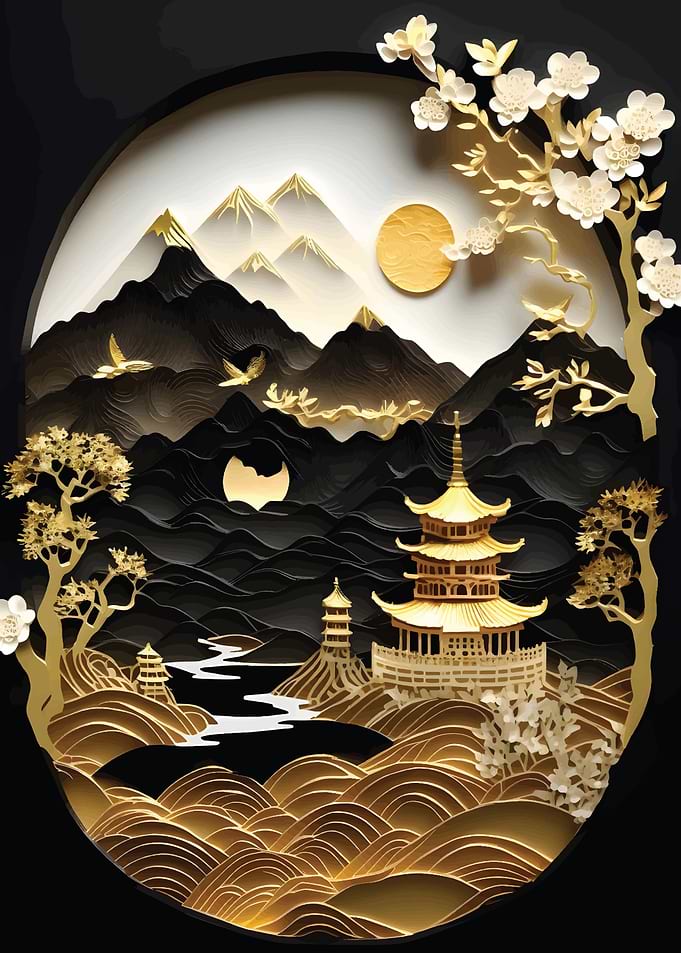 golden tree and mountains