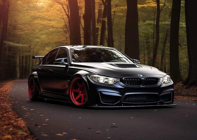 Tuned BMW car Autumn road