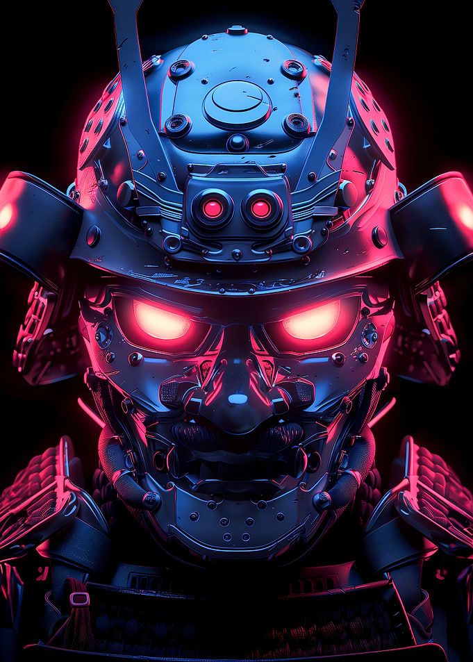 Neon glowing samurai droid