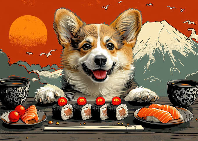 Corgi eating sushi