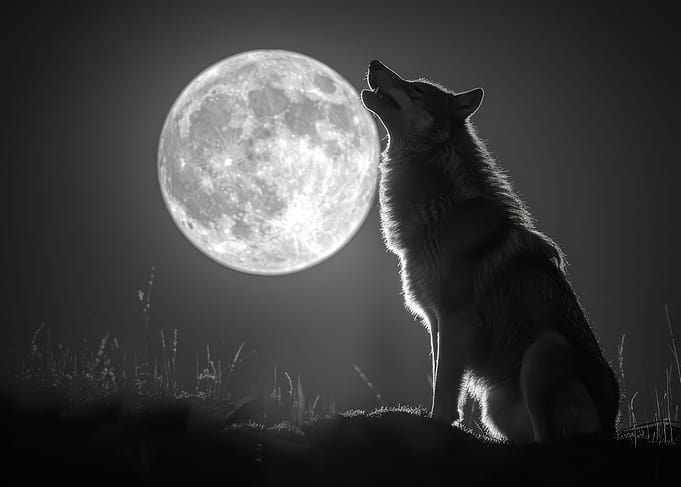 Wolf and moon at night