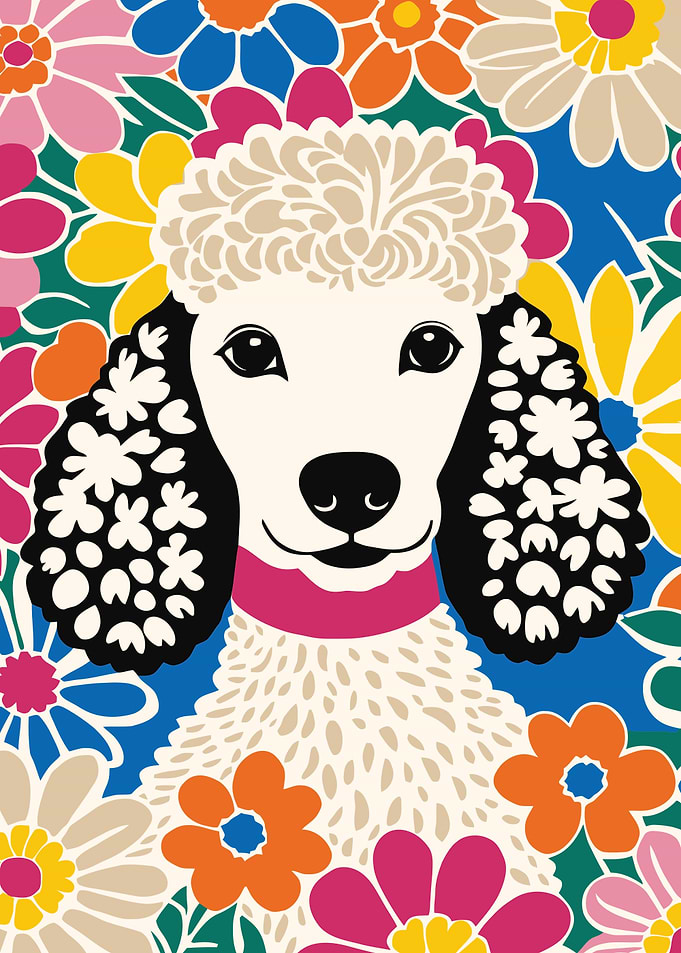 Cute Poodle Dog in Flowers