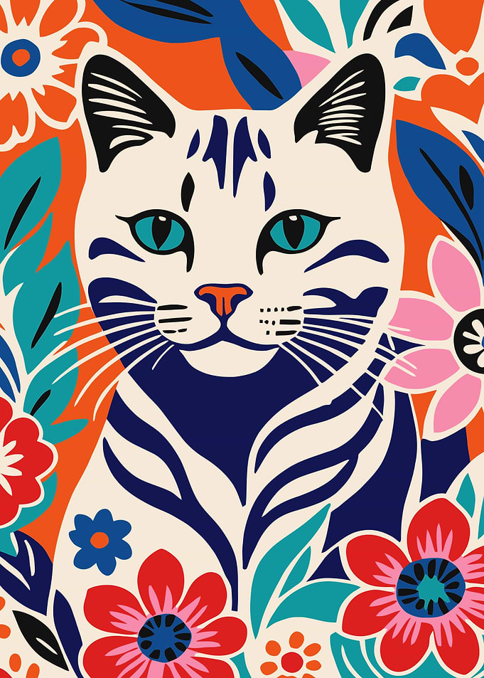 Colorful Cat in Flowers