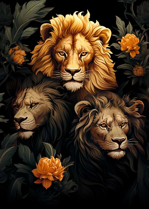 Lions Amidst Lotus — Japanese art metal poster