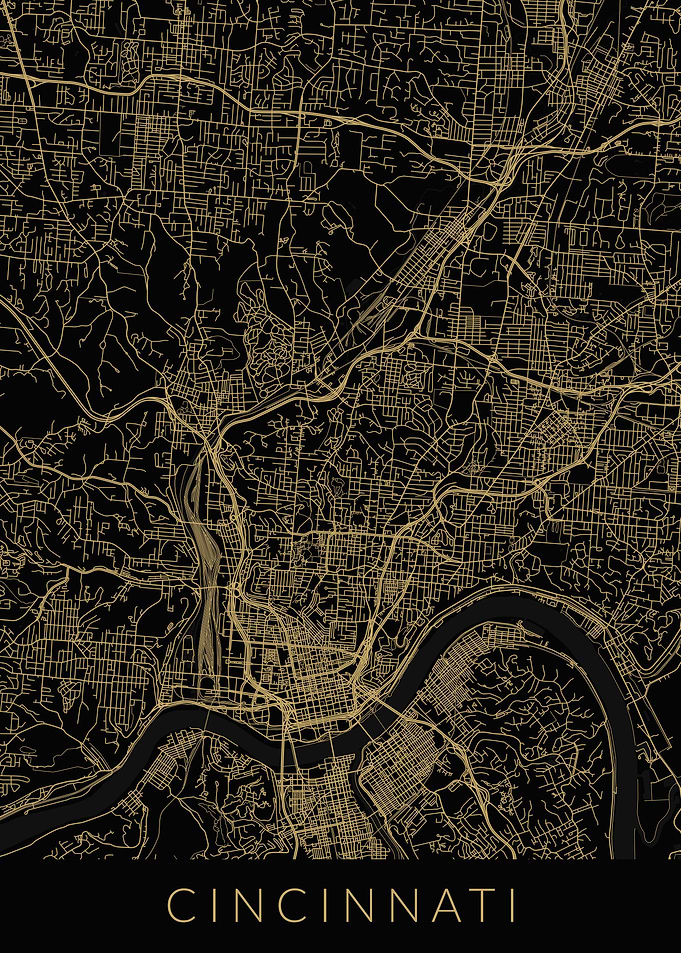 Cincinnati Map Black Gold