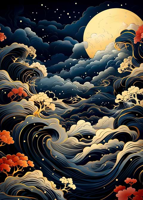 Moonlit Waves Serenity — Japanese art metal poster